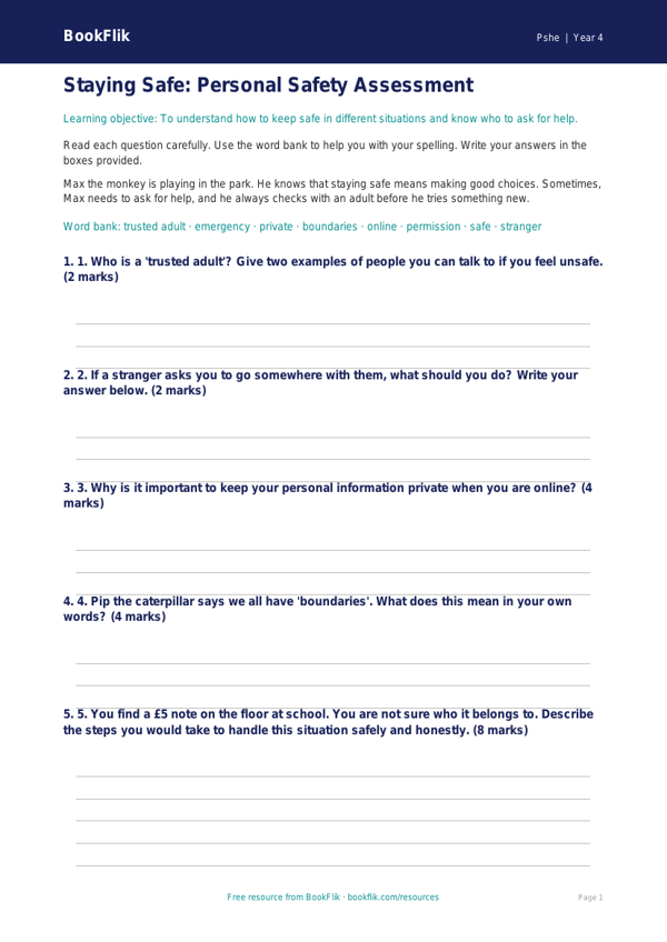 Personal Safety Assessment for Class 4 | CBSE Life Skills Worksheet worksheet preview — Pshe Personal Safety
