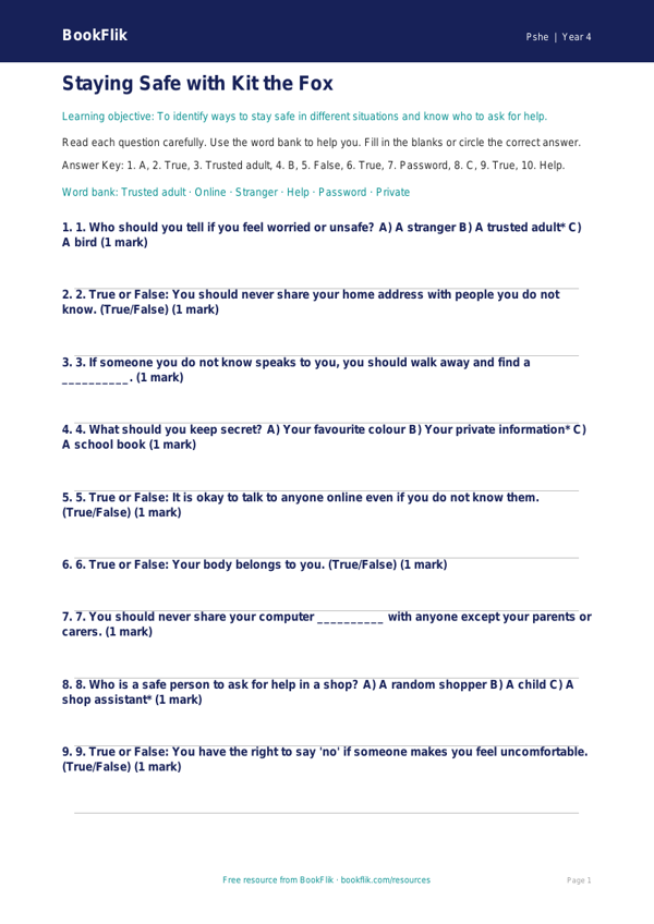 Free Personal Safety Quiz | Class 4 | Life Skills | BookFlik worksheet preview — Pshe Personal Safety