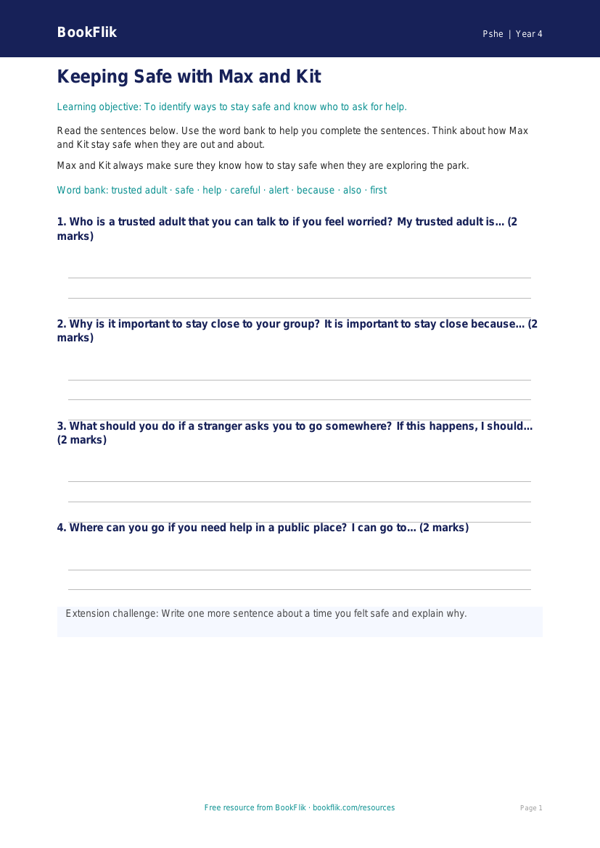 Free Personal Safety Writing Frame | Class 4 | Life Skills | BookFlik worksheet preview — Pshe Personal Safety