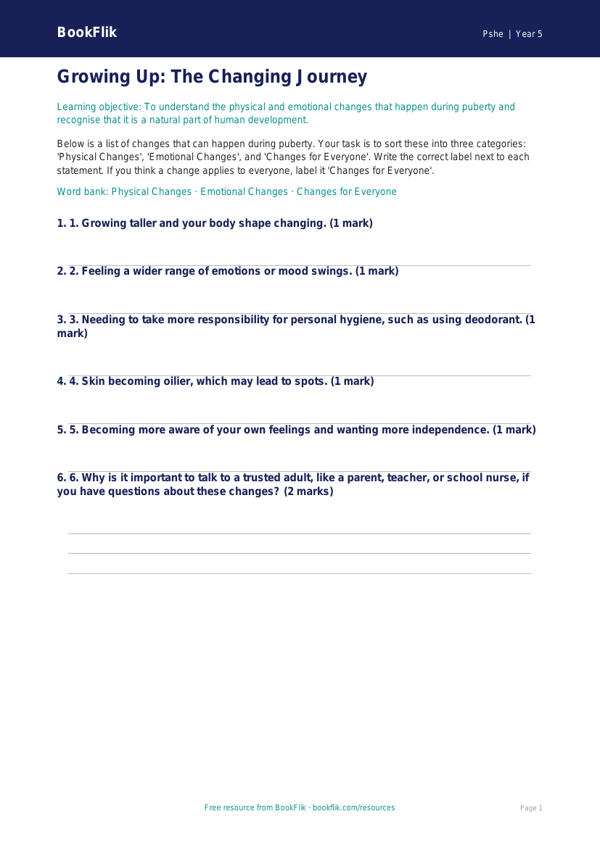 Understanding Growth: Puberty Activity Sheet for Class 5 | CBSE | BookFlik worksheet preview — Pshe Puberty