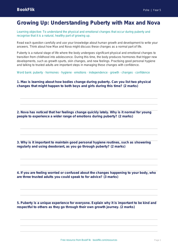 Understanding Puberty Worksheet | Class 5 Life Skills | BookFlik worksheet preview — Pshe Puberty