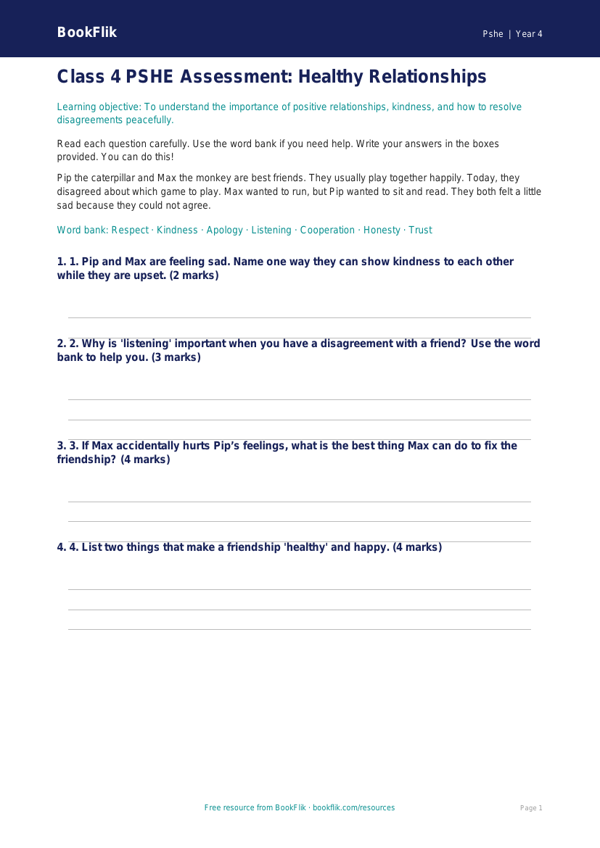Free Relationships Assessment | Class 4 | Life Skills | BookFlik worksheet preview — Pshe Relationships