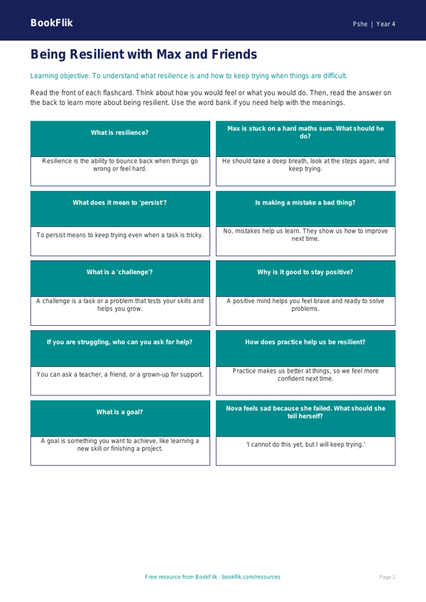 Free Resilience Flashcards | Class 4 | Life Skills | BookFlik worksheet preview — Pshe Resilience