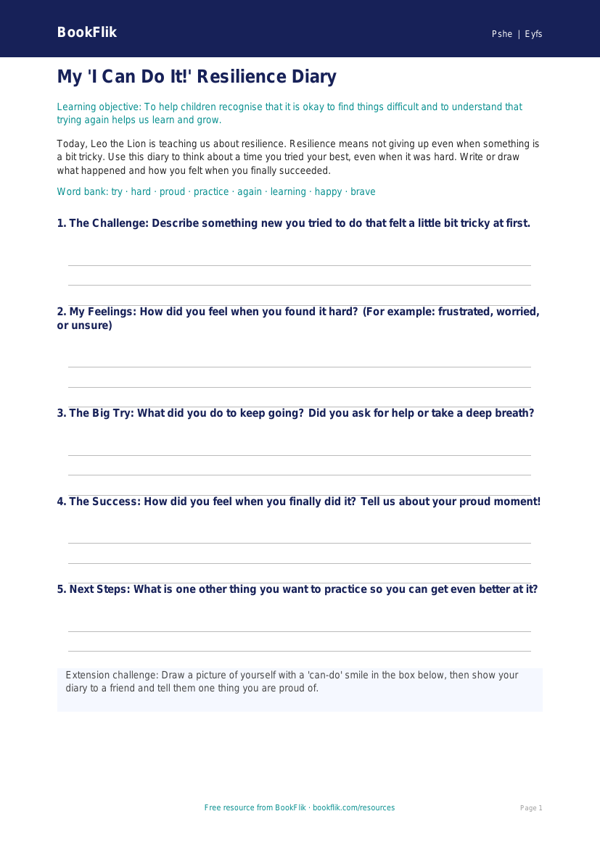 Free Resilience Template | Nursery / LKG | Life Skills | BookFlik worksheet preview — Pshe Resilience