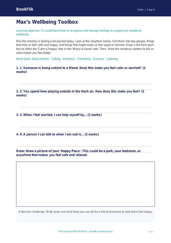 Free Wellbeing Activity Sheet | Class 4 | Life Skills | BookFlik worksheet preview — Pshe Wellbeing