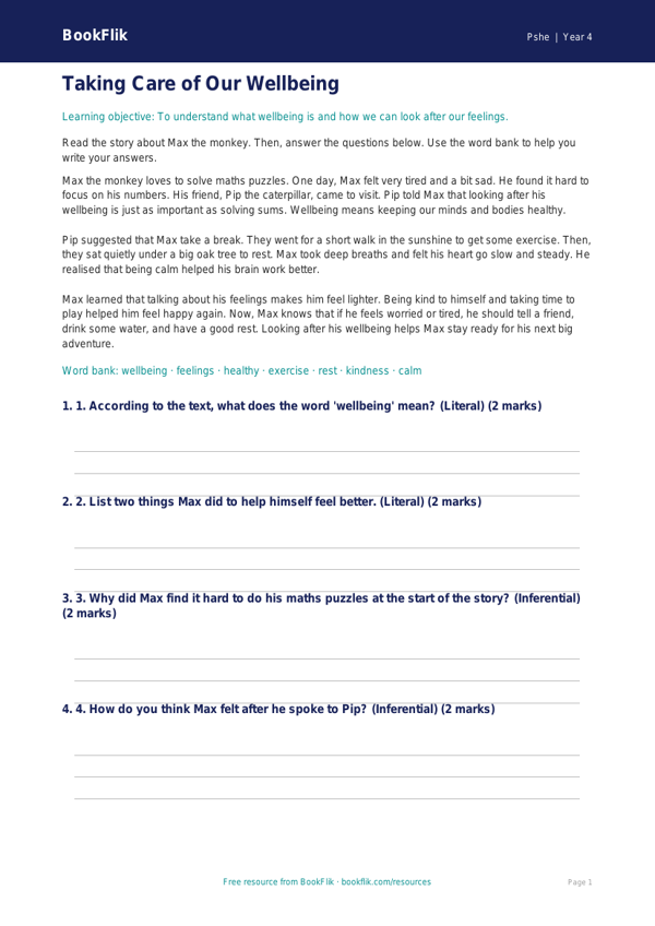 Free Wellbeing Comprehension | Class 4 | Life Skills | BookFlik worksheet preview — Pshe Wellbeing