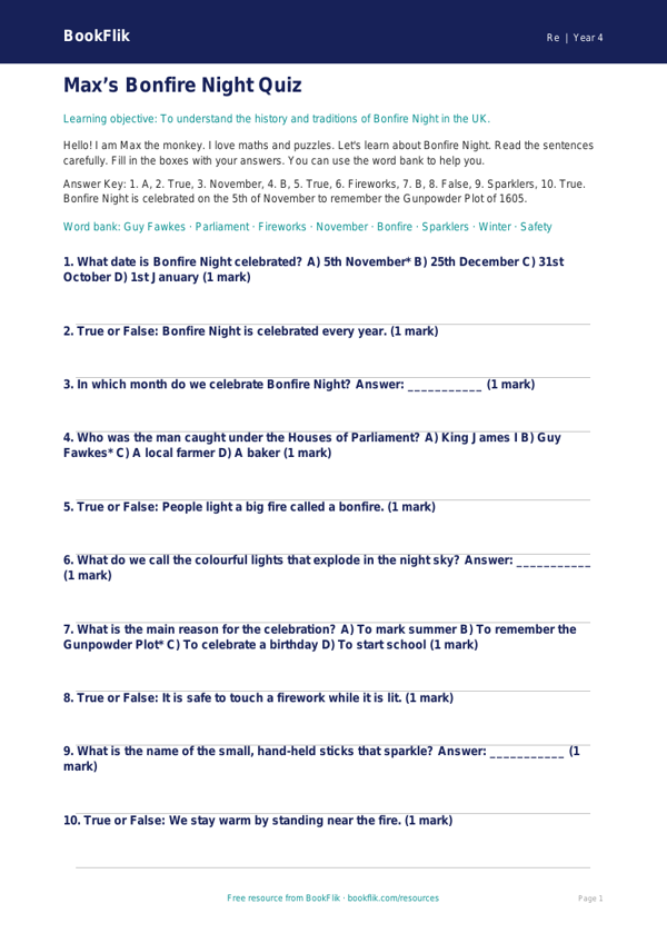 Bonfire Night Quiz for Class 4 | EVS & Moral Education | BookFlik worksheet preview — Re Bonfire Night