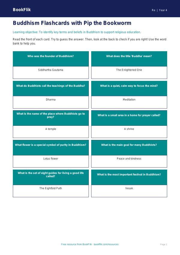Buddhism Flashcards for Class 4 | CBSE EVS & Moral Education worksheet preview — Re Buddhism