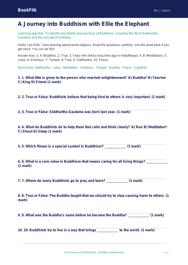 Free Buddhism Quiz | Class 4 | EVS / Moral Education | BookFlik worksheet preview — Re Buddhism