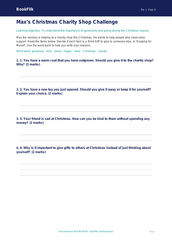 Free Christmas Activity Sheet | Class 4 | EVS / Moral Education | BookFlik worksheet preview — Re Christmas
