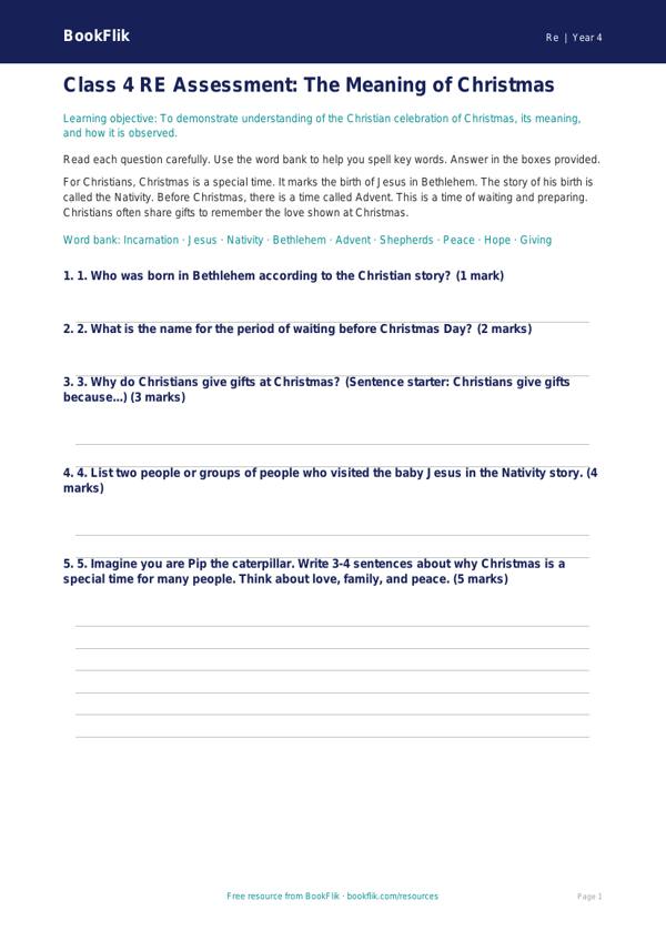 Free Christmas Assessment | Class 4 | EVS / Moral Education | BookFlik worksheet preview — Re Christmas