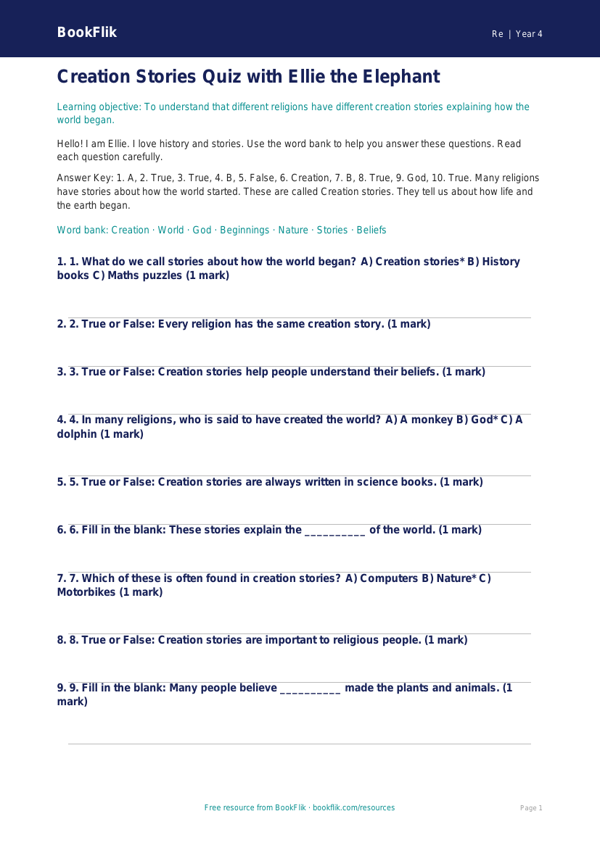 Free Creation Stories Quiz | Class 4 | EVS / Moral Education | BookFlik worksheet preview — Re Creation Stories