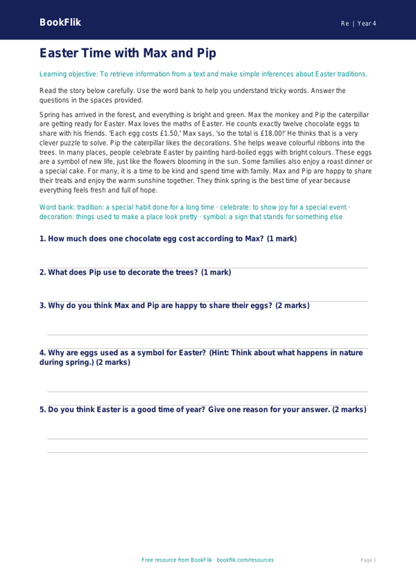 Free Easter Comprehension | Class 4 | EVS / Moral Education | BookFlik worksheet preview — Re Easter