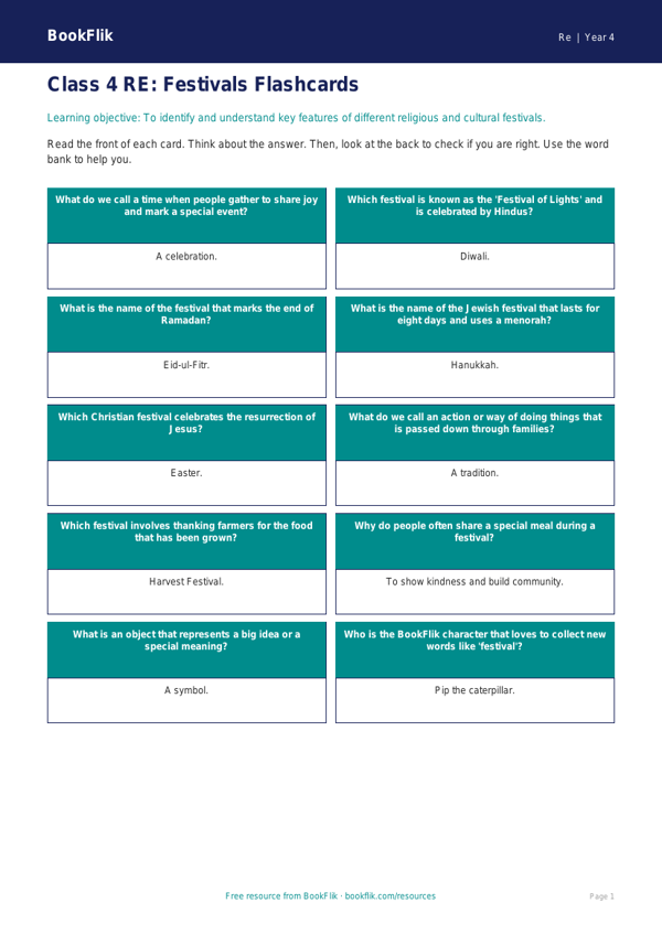 Free Festivals Flashcards | Class 4 | EVS / Moral Education | BookFlik worksheet preview — Re Festivals