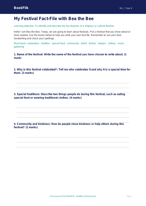 Free Festivals Template | Class 4 | EVS / Moral Education | BookFlik worksheet preview — Re Festivals