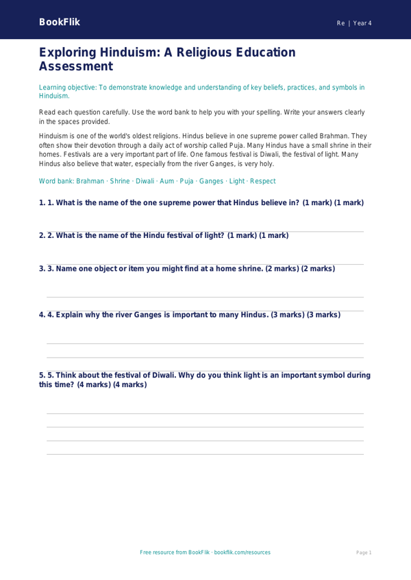 Free Hinduism Assessment | Class 4 | EVS / Moral Education | BookFlik worksheet preview — Re Hinduism
