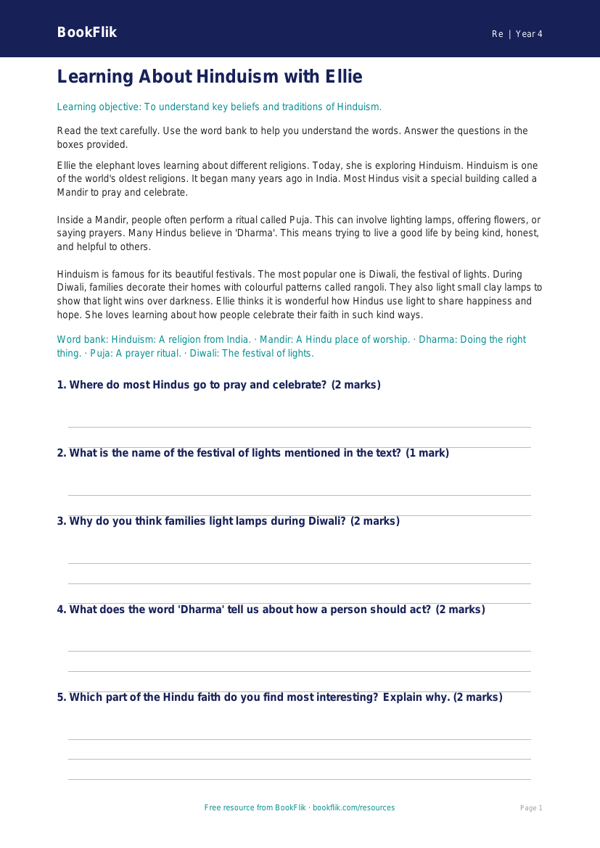 Free Hinduism Comprehension | Class 4 | EVS / Moral Education | BookFlik worksheet preview — Re Hinduism