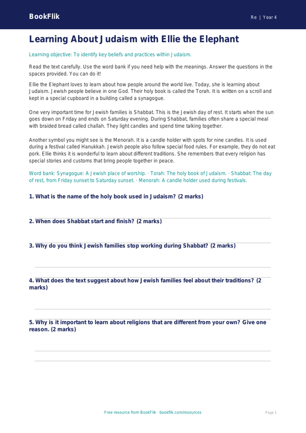 Free Judaism Comprehension | Class 4 | EVS / Moral Education | BookFlik worksheet preview — Re Judaism