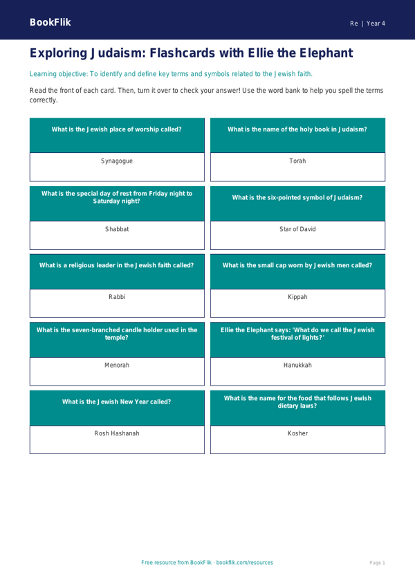 Judaism Flashcards for Class 4 | EVS & Moral Education | BookFlik worksheet preview — Re Judaism