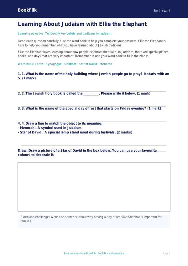 Free Judaism Worksheet | Class 4 | EVS / Moral Education | BookFlik worksheet preview — Re Judaism