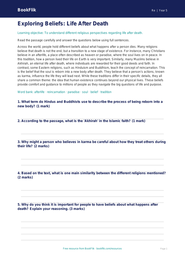 Understanding Life Cycles and Nature | Class 5 EVS | BookFlik worksheet preview — Re Life After Death