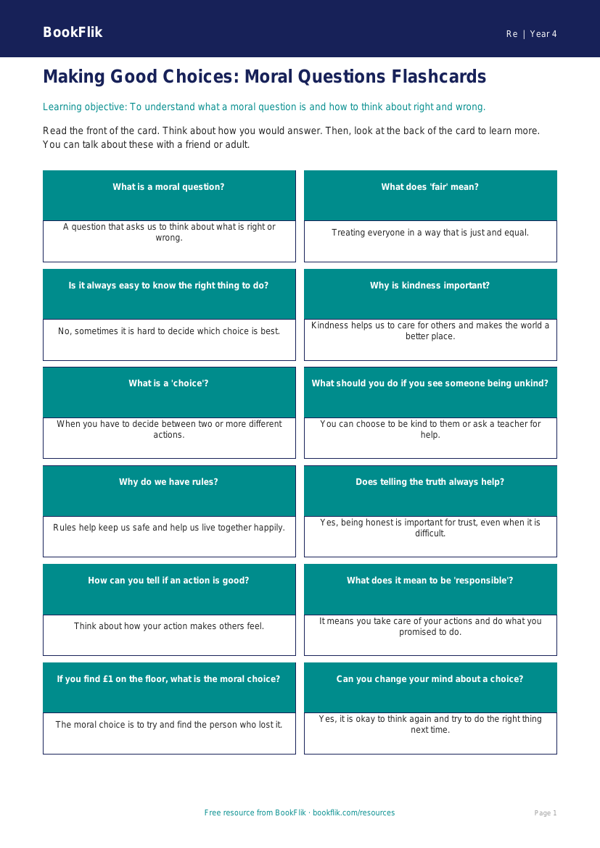 Free Moral Questions Flashcards | Class 4 | EVS / Moral Education | BookFlik worksheet preview — Re Moral Questions