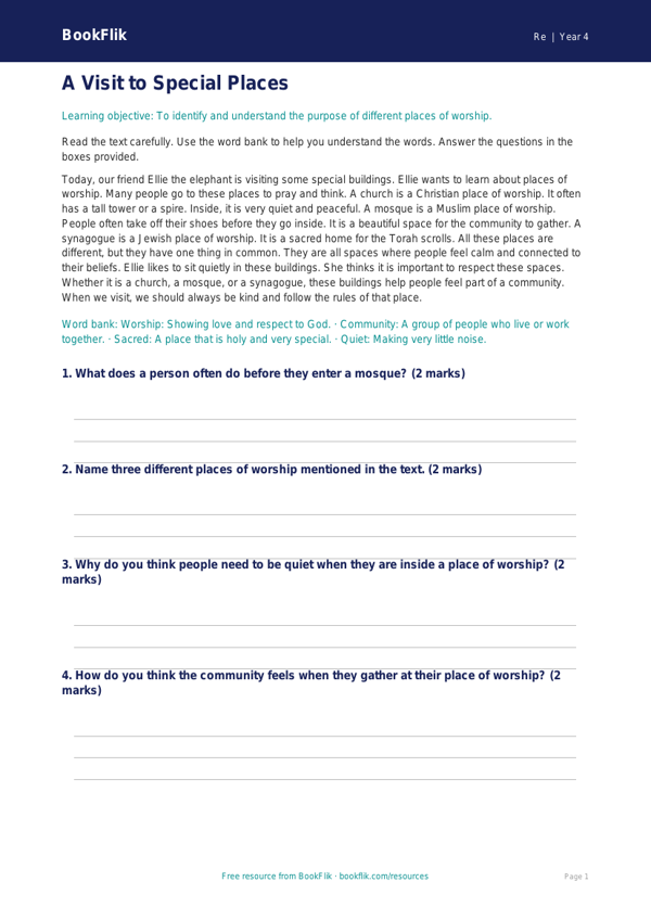 Free Places Of Worship Comprehension | Class 4 | EVS / Moral Education | BookFlik worksheet preview — Re Places Of Worship