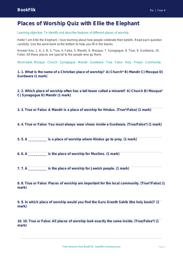 Free Places Of Worship Quiz | Class 4 | EVS / Moral Education | BookFlik worksheet preview — Re Places Of Worship