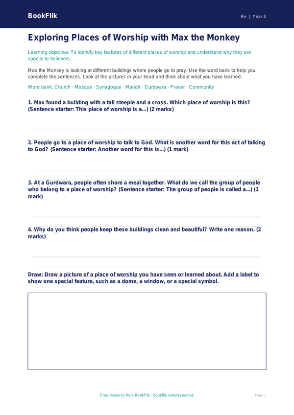 Free Places Of Worship Worksheet | Class 4 | EVS / Moral Education | BookFlik worksheet preview — Re Places Of Worship