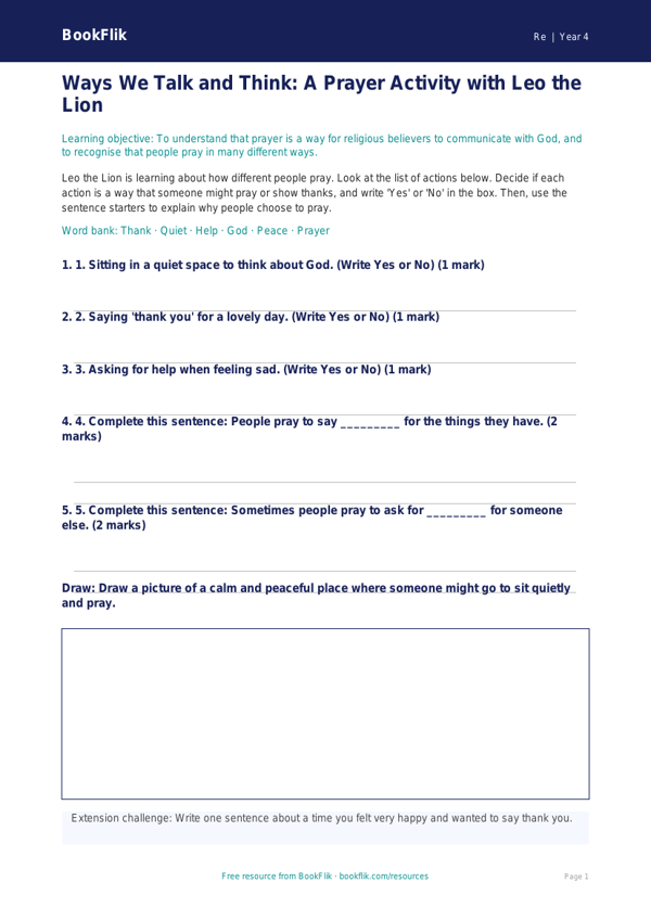 Free Prayer Activity Sheet | Class 4 | EVS / Moral Education | BookFlik worksheet preview — Re Prayer