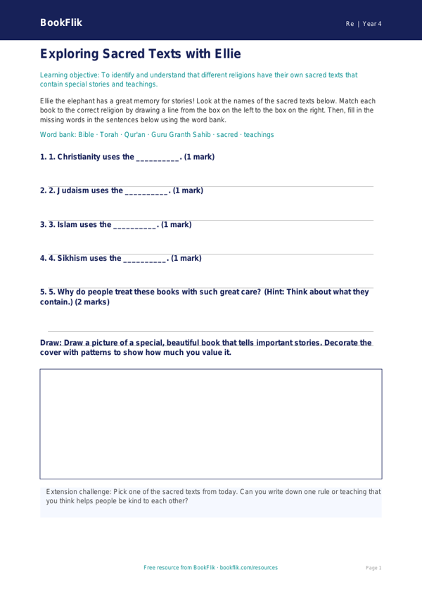 Free Sacred Texts Activity Sheet | Class 4 | EVS / Moral Education | BookFlik worksheet preview — Re Sacred Texts