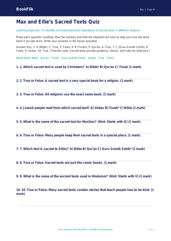 Sacred Texts Quiz for Class 4 | EVS & Moral Education | BookFlik worksheet preview — Re Sacred Texts