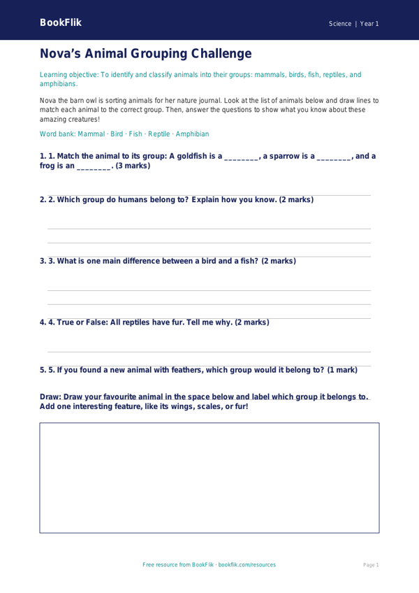 Free Animals Including Humans Activity Sheet | Class 1 | Science | BookFlik worksheet preview — Science Animals Including Humans