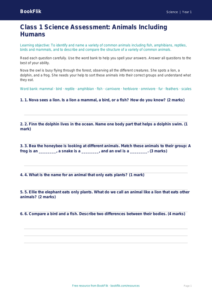 Free Animals Including Humans Assessment | Class 1 | Science | BookFlik