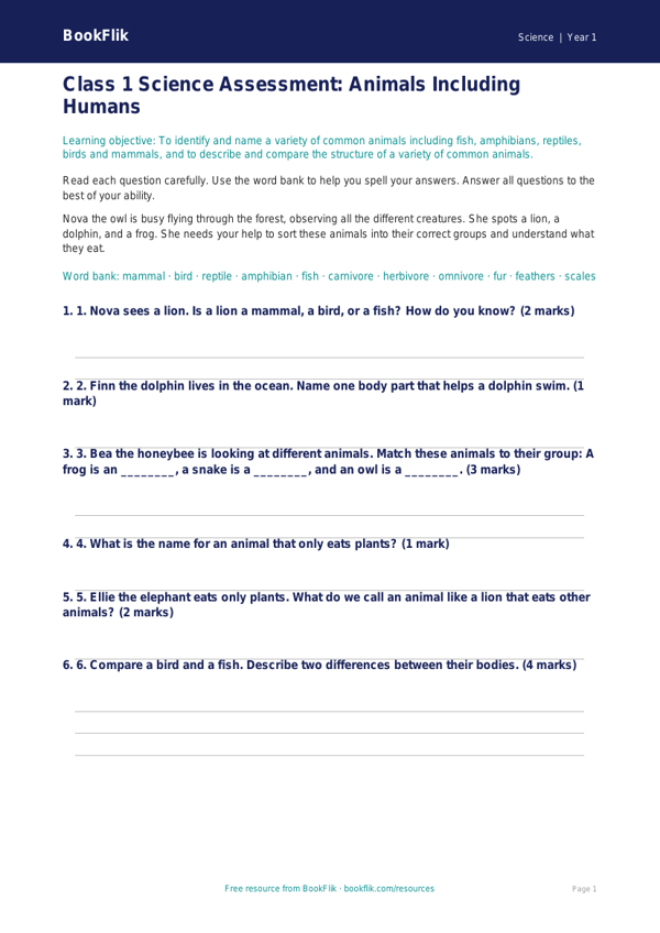 Free Animals Including Humans Assessment | Class 1 | Science | BookFlik worksheet preview — Science Animals Including Humans