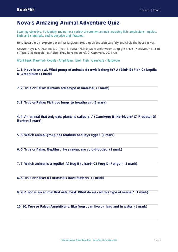 Free Animals Including Humans Quiz | Class 1 | Science | BookFlik worksheet preview — Science Animals Including Humans