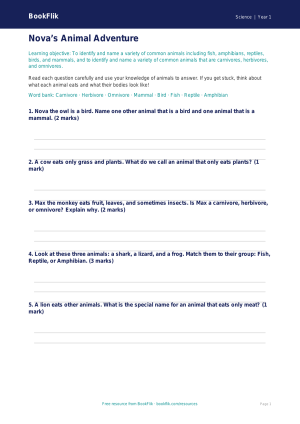 Free Animals Including Humans Worksheet | Class 1 | Science | BookFlik worksheet preview — Science Animals Including Humans