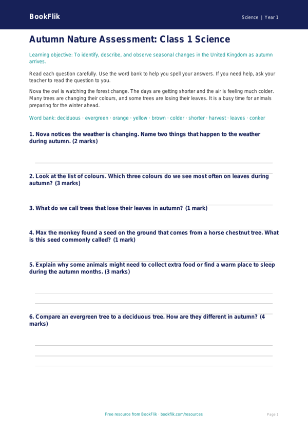 Autumn Science Assessment for Class 1 | CBSE/NCERT | BookFlik worksheet preview — Science Autumn Science