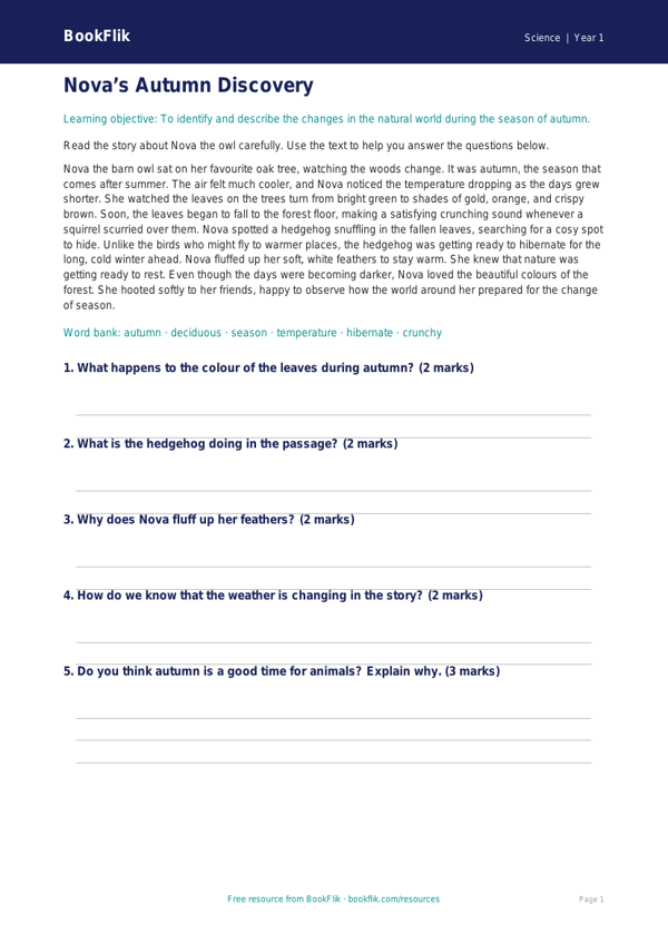 Free Autumn Science Comprehension | Class 1 | Science | BookFlik worksheet preview — Science Autumn Science