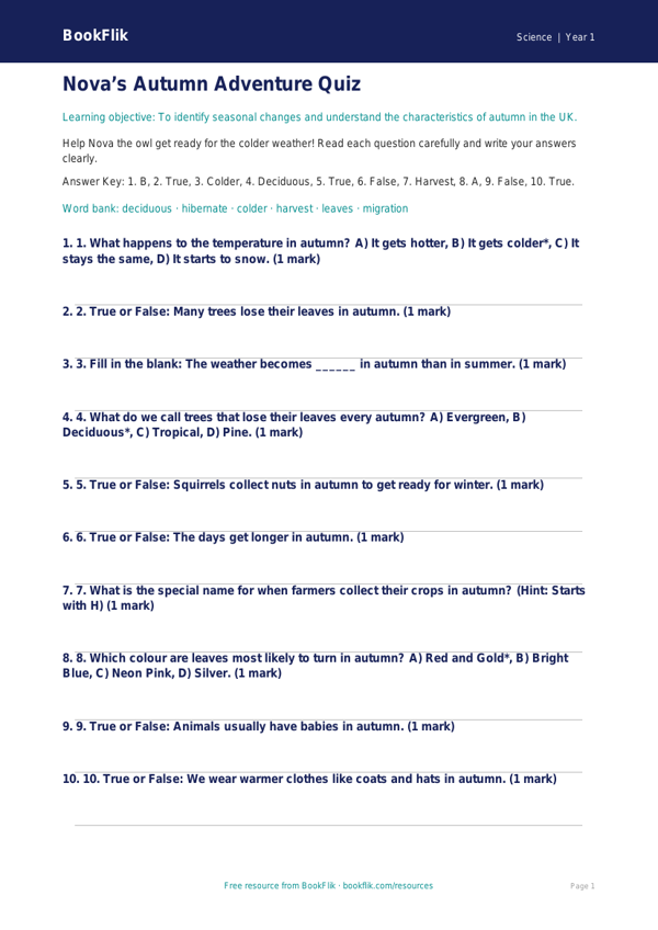 Free Autumn Science Quiz | Class 1 | Science | BookFlik worksheet preview — Science Autumn Science