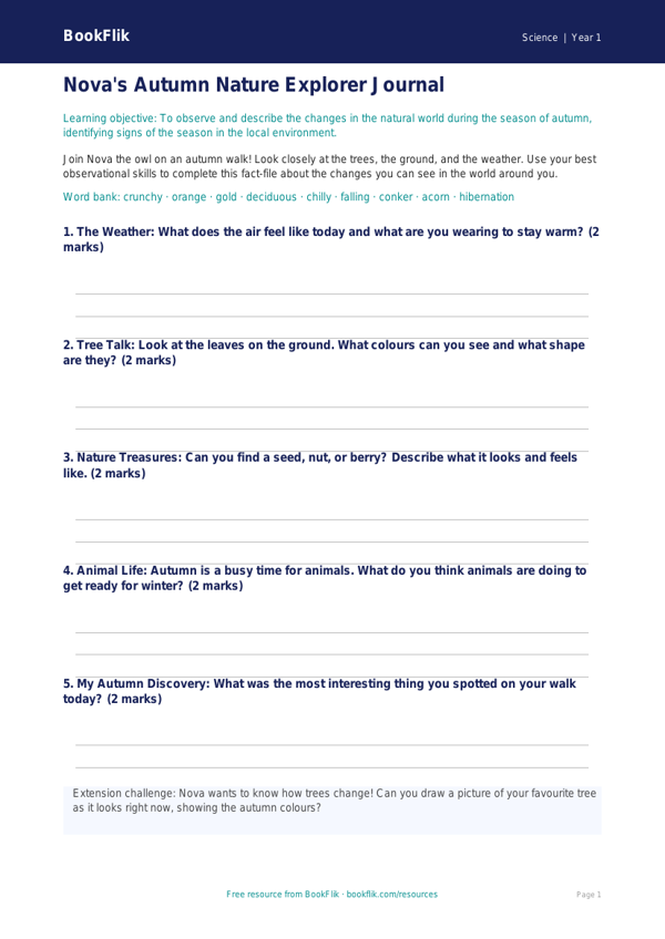 Free Autumn Science Template | Class 1 | Science | BookFlik worksheet preview — Science Autumn Science