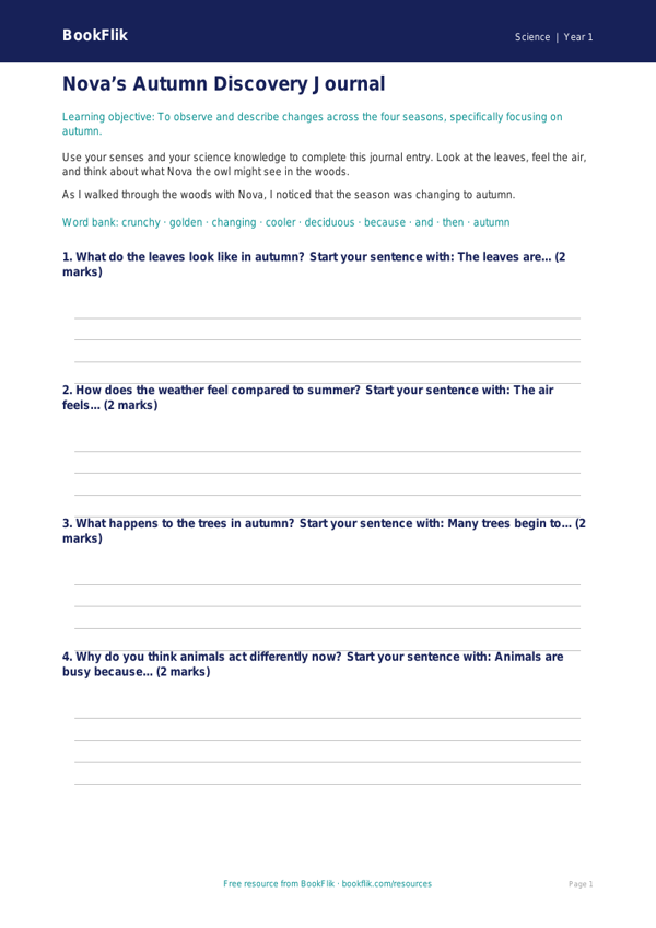 Autumn Science Writing Frame for Class 1 | CBSE Science Resources worksheet preview — Science Autumn Science