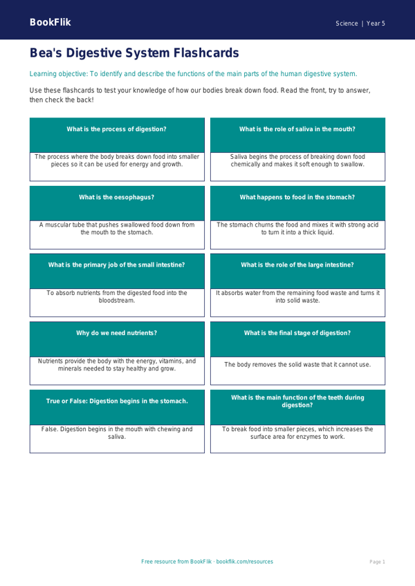 Free Digestion Flashcards | Class 5 | Science | BookFlik worksheet preview — Science Digestion