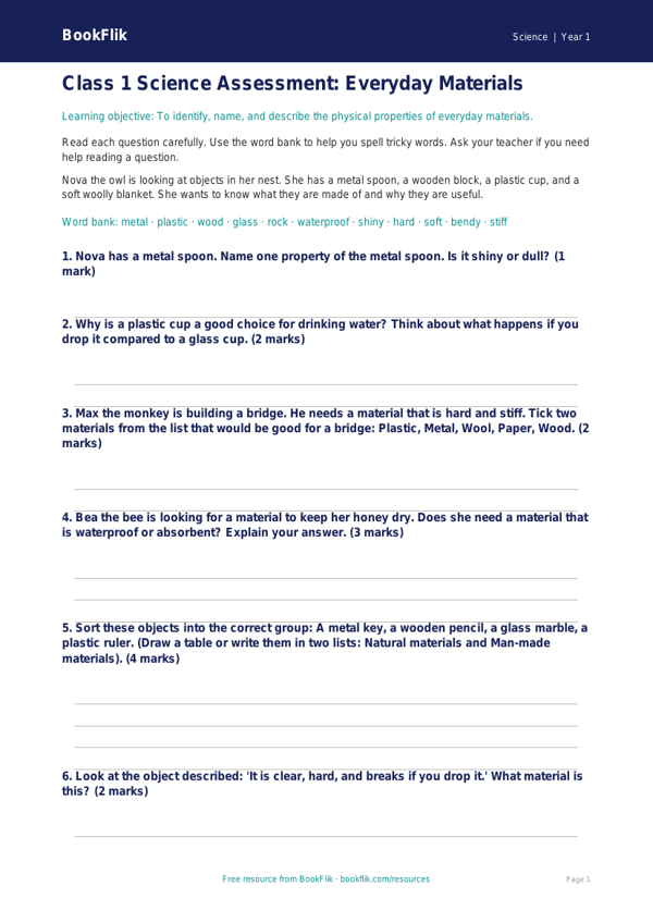Free Everyday Materials Assessment | Class 1 | Science | BookFlik worksheet preview — Science Everyday Materials