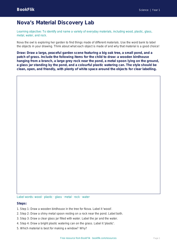Free Everyday Materials Drawing Sheet | Class 1 | Science | BookFlik worksheet preview — Science Everyday Materials