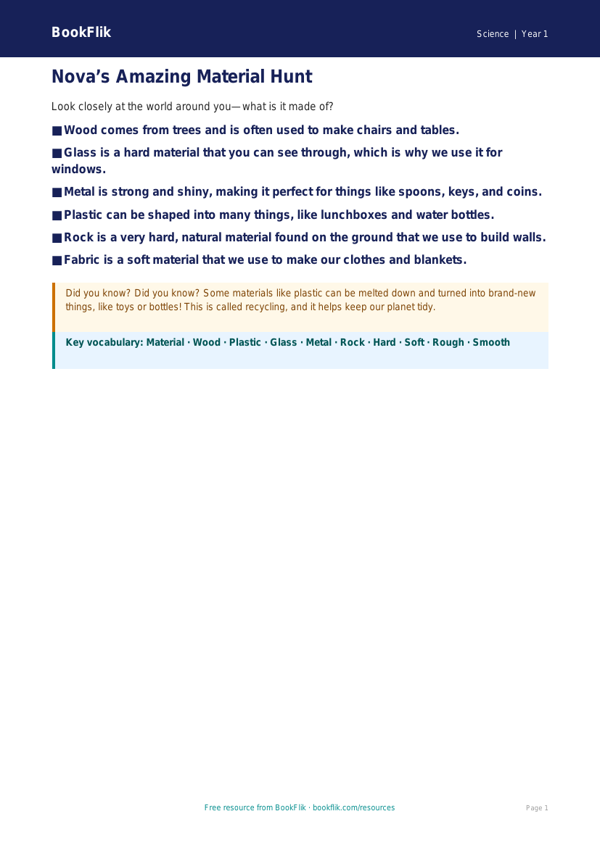 Free Everyday Materials Poster | Class 1 | Science | BookFlik worksheet preview — Science Everyday Materials