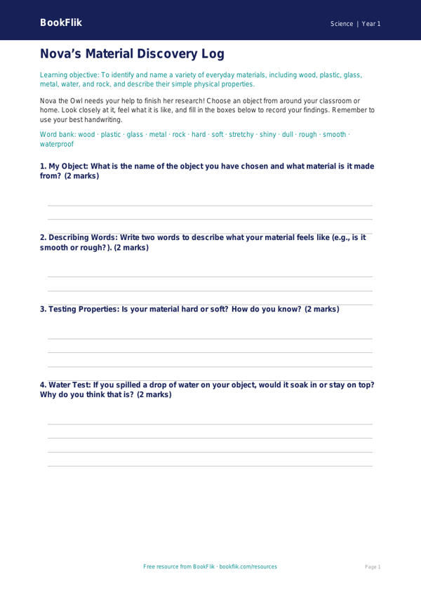Free Everyday Materials Template | Class 1 | Science | BookFlik worksheet preview — Science Everyday Materials