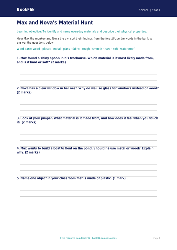 Free Everyday Materials Worksheet | Class 1 | Science | BookFlik worksheet preview — Science Everyday Materials