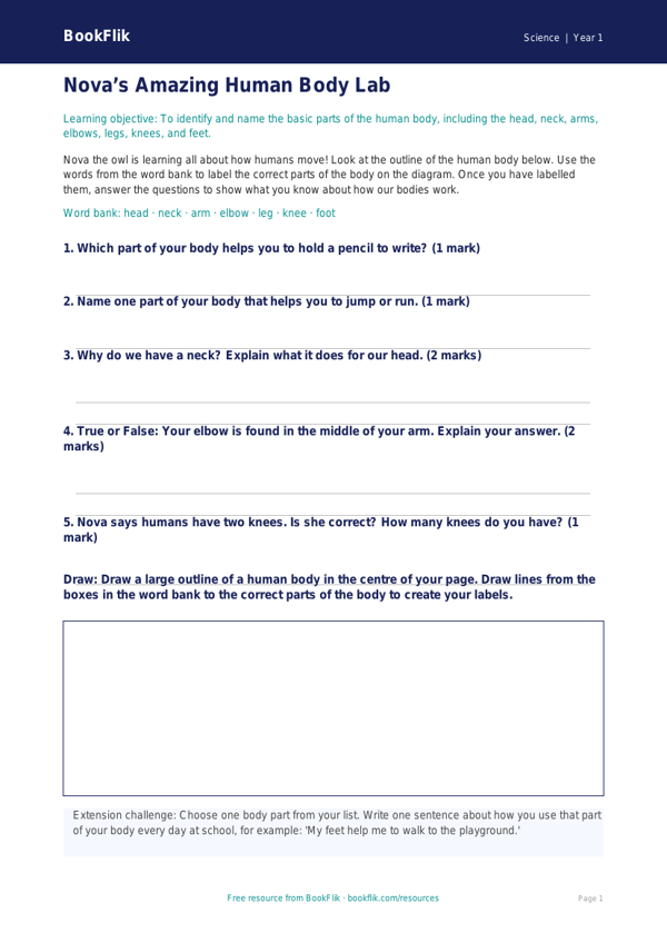Free Human Body Activity Sheet | Class 1 | Science | BookFlik worksheet preview — Science Human Body
