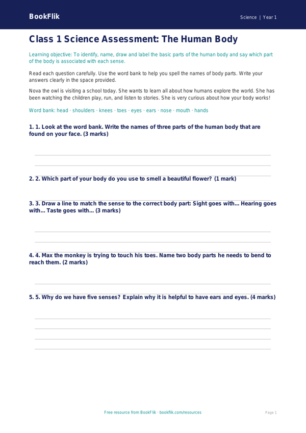 Human Body Assessment for Class 1 | CBSE Science Worksheet worksheet preview — Science Human Body